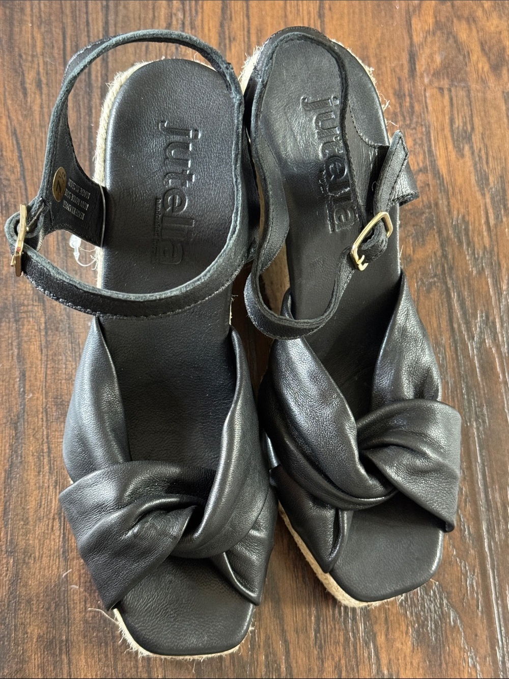 Jutelia Leather Black Knot-Front Espadrille Wedge Sandals with Ankle Strap